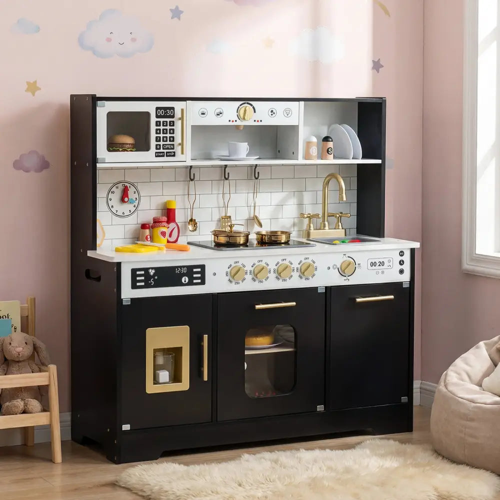 Wooden Play Kitchen for Kids with Realistic Lights and Sounds-Black - Black - Play Kitchen Sets