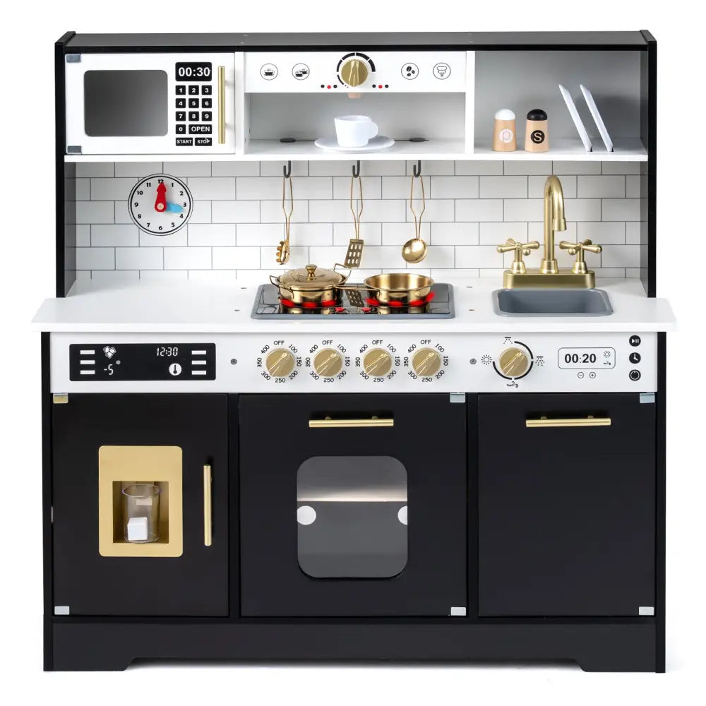 Wooden Play Kitchen for Kids with Realistic Lights and Sounds-Black - Black - Play Kitchen Sets