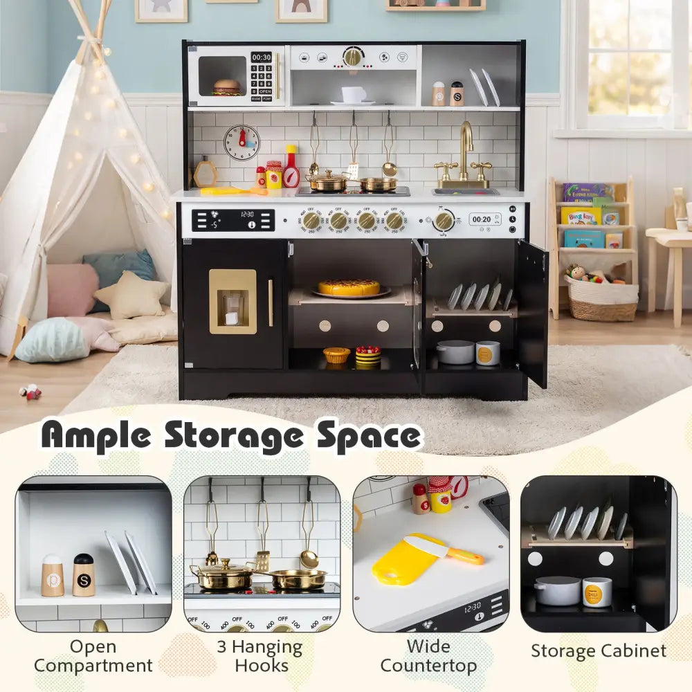 Wooden Play Kitchen for Kids with Realistic Lights and Sounds-Black - Black - Play Kitchen Sets