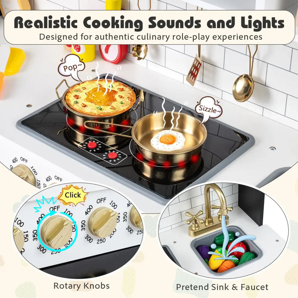 Wooden Play Kitchen for Kids with Realistic Lights and Sounds-Black - Black - Play Kitchen Sets