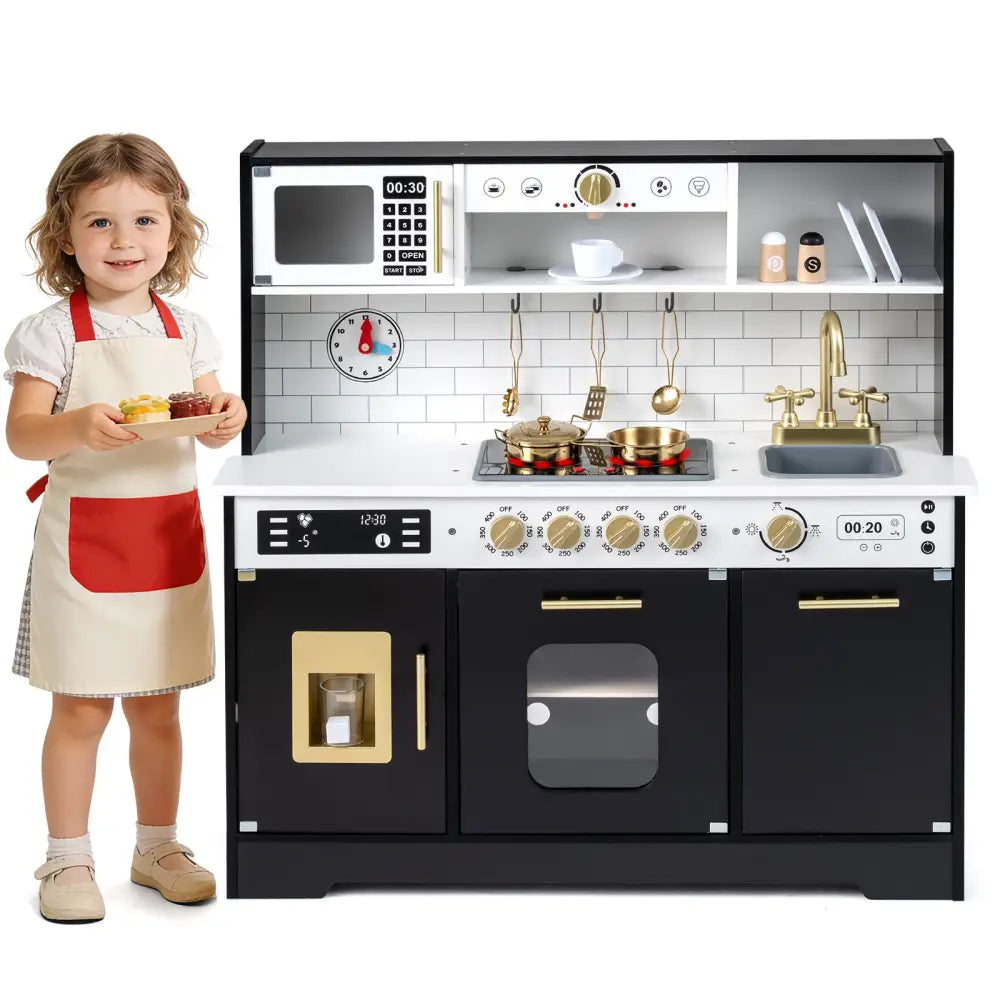 Wooden Play Kitchen for Kids with Realistic Lights and Sounds-Black - Black - Play Kitchen Sets