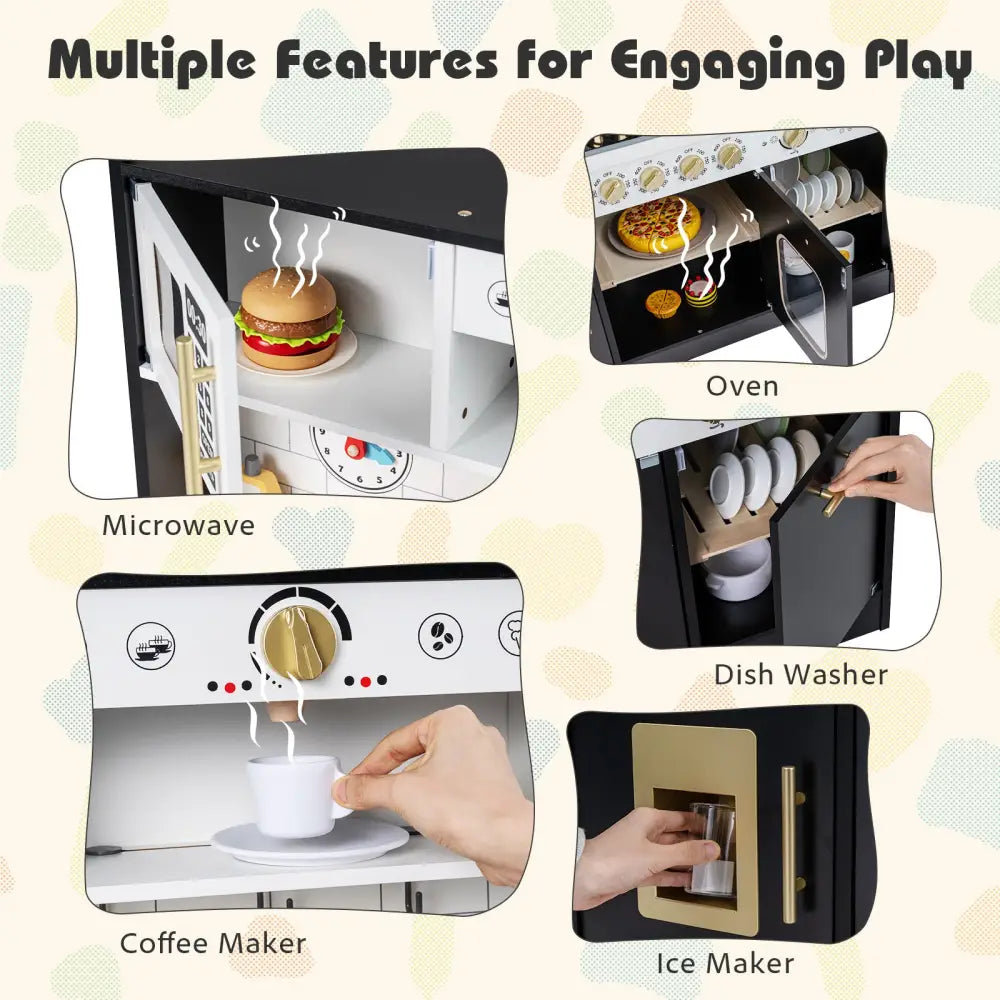 Wooden Play Kitchen for Kids with Realistic Lights and Sounds-Black - Black - Play Kitchen Sets