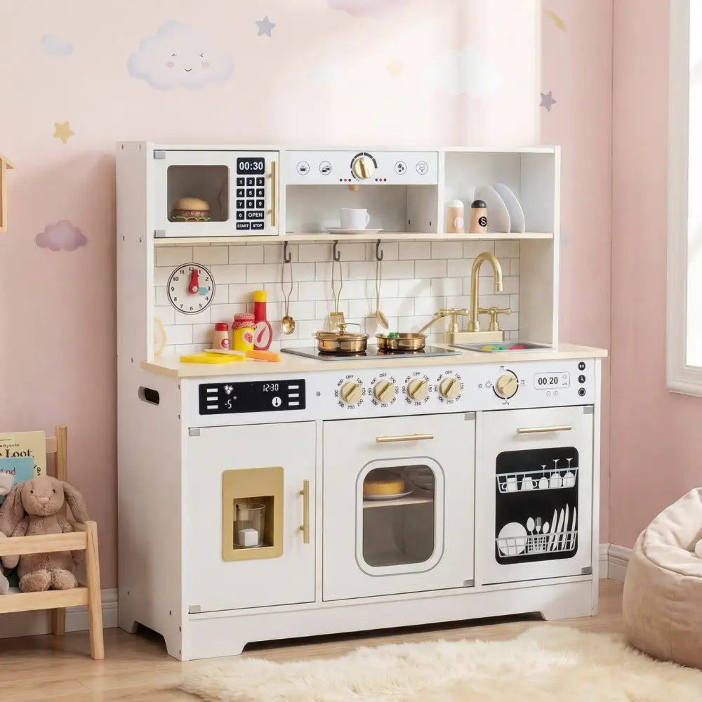 Wooden Play Kitchen for Kids with Realistic Lights and Sounds-White - White - Play Kitchen Sets