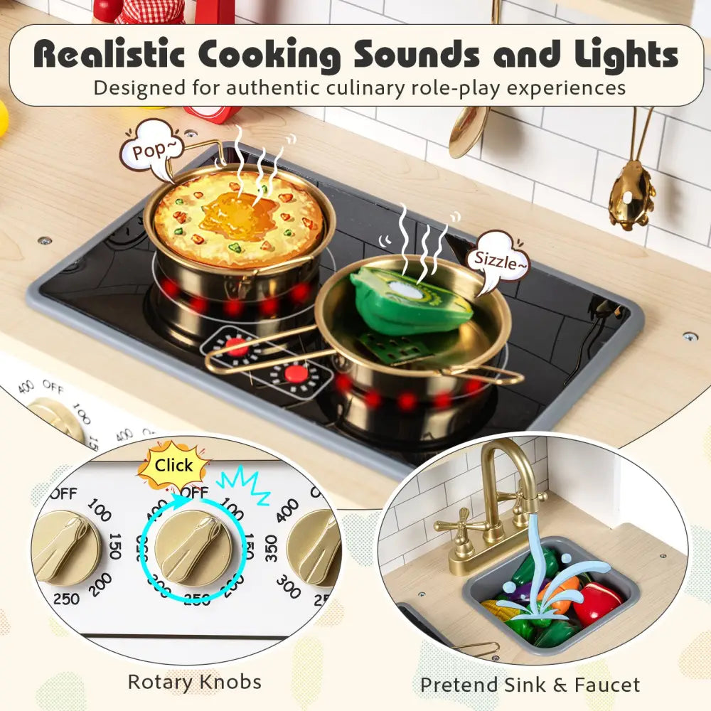 Wooden Play Kitchen for Kids with Realistic Lights and Sounds-White - White - Play Kitchen Sets