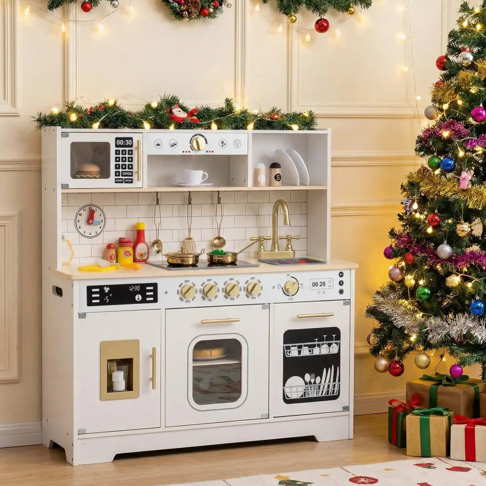 Wooden Play Kitchen for Kids with Realistic Lights and Sounds-White - White - Play Kitchen Sets