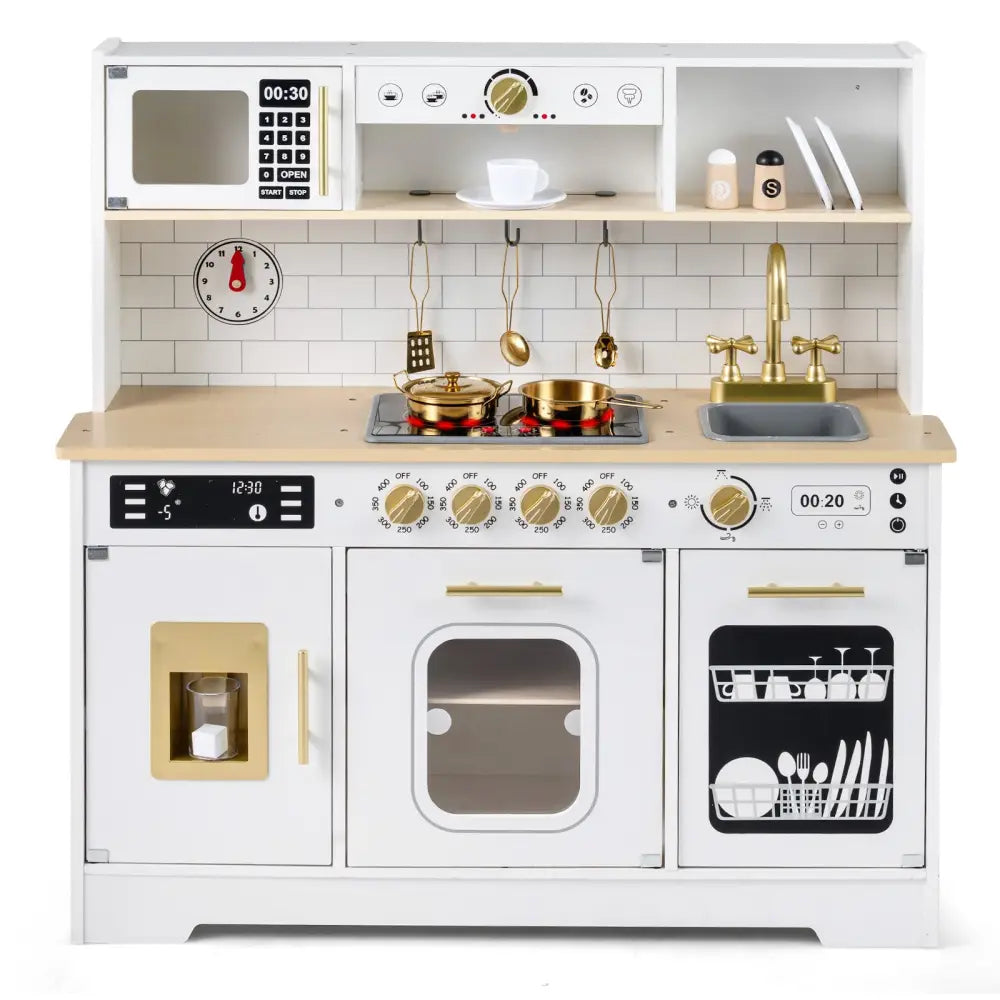 Wooden Play Kitchen for Kids with Realistic Lights and Sounds-White - White - Play Kitchen Sets
