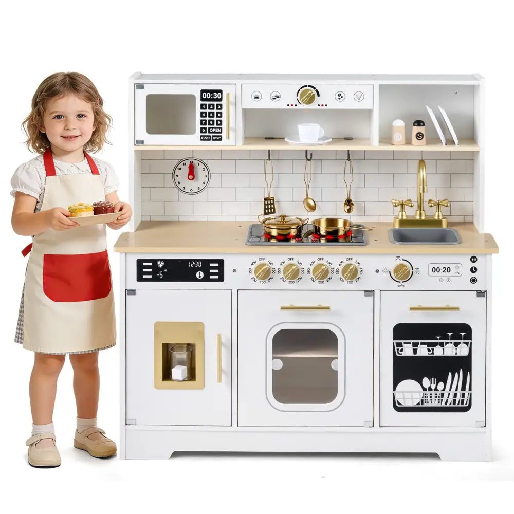 Wooden Play Kitchen for Kids with Realistic Lights and Sounds-White - White - Play Kitchen Sets
