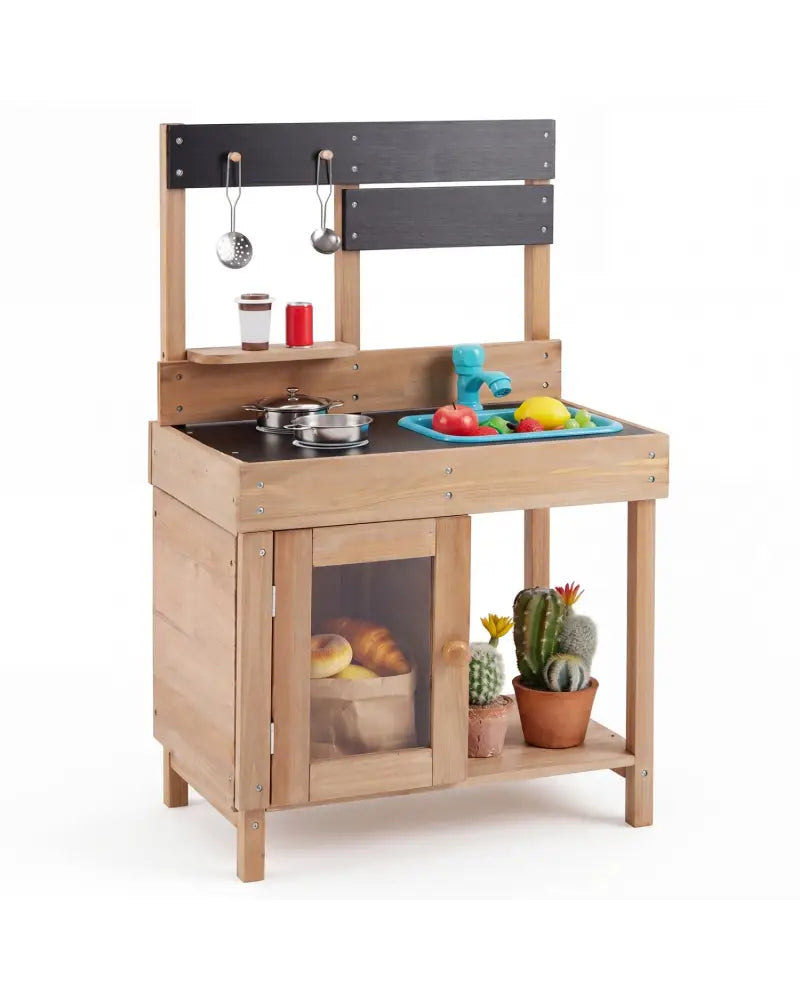 Wooden Play Pretend Kitchen with Stoves Storage Cabinet and Shelf - Play Kitchen Sets