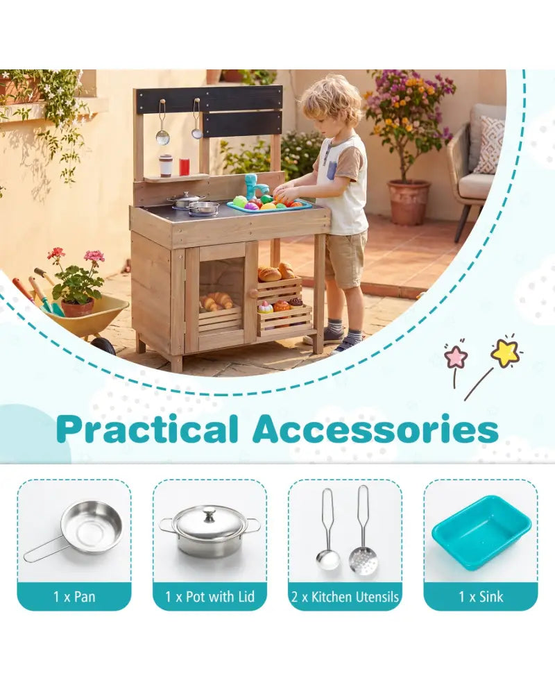 Wooden Play Pretend Kitchen with Stoves Storage Cabinet and Shelf - Play Kitchen Sets