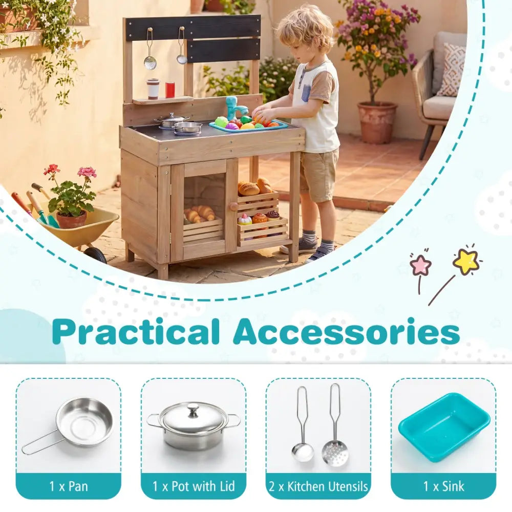 Wooden Play Pretend Kitchen with Stoves Storage Cabinet and Shelf - Play Kitchen Sets