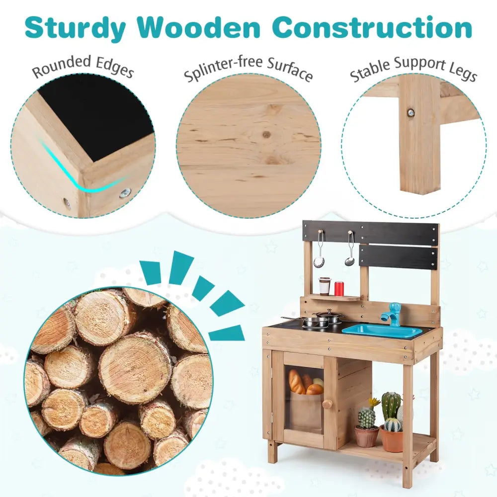 Wooden Play Pretend Kitchen with Stoves Storage Cabinet and Shelf - Play Kitchen Sets