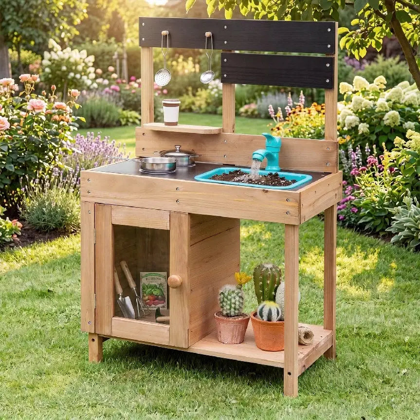 Wooden Play Pretend Kitchen with Stoves Storage Cabinet and Shelf - Play Kitchen Sets