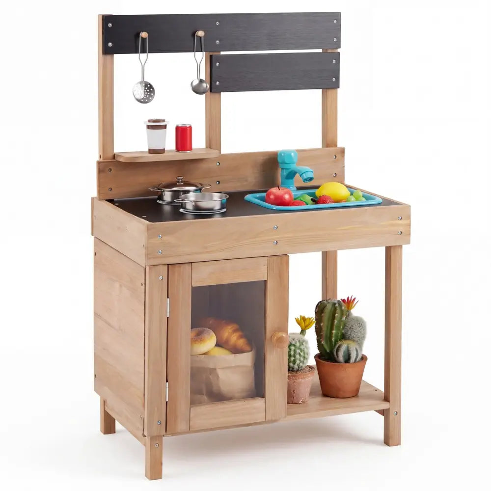 Wooden Play Pretend Kitchen with Stoves Storage Cabinet and Shelf - Play Kitchen Sets