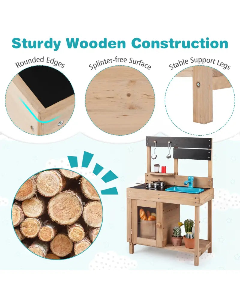 Wooden Play Pretend Kitchen with Stoves Storage Cabinet and Shelf - Play Kitchen Sets
