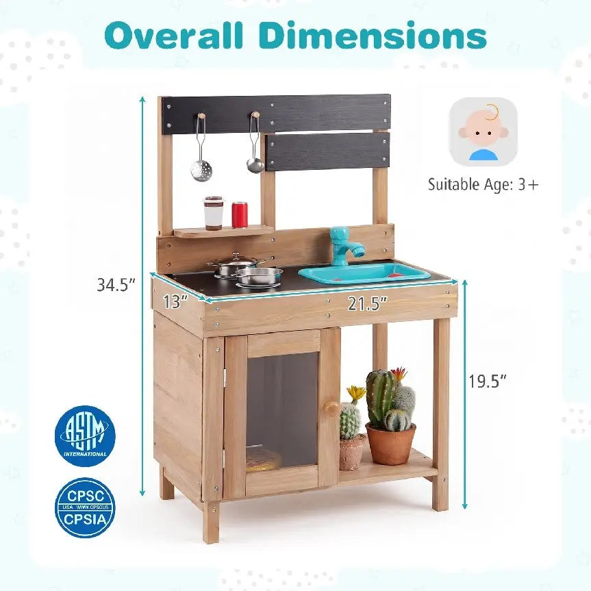 Wooden Play Pretend Kitchen with Stoves Storage Cabinet and Shelf - Play Kitchen Sets