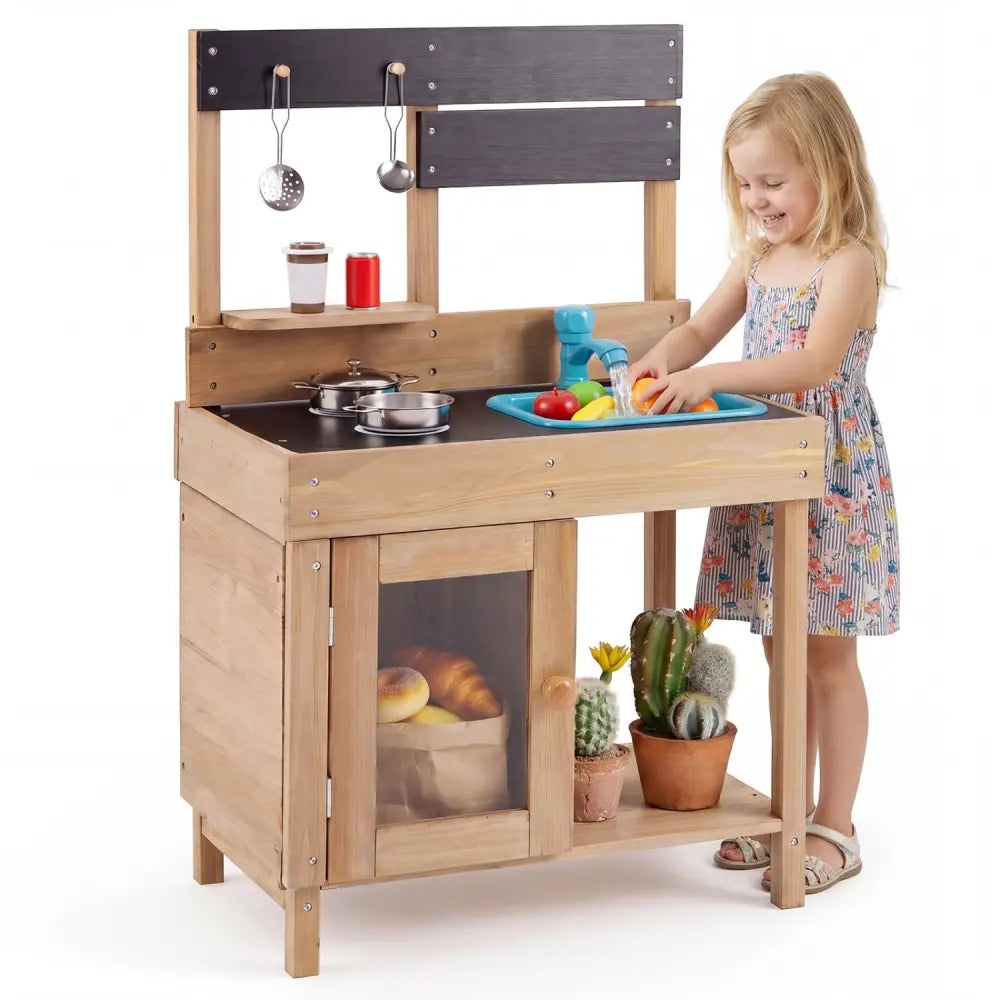Wooden Play Pretend Kitchen with Stoves Storage Cabinet and Shelf - Play Kitchen Sets