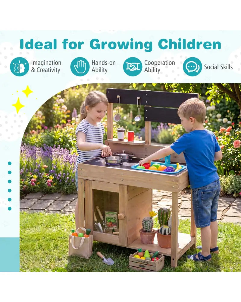 Wooden Play Pretend Kitchen with Stoves Storage Cabinet and Shelf - Play Kitchen Sets