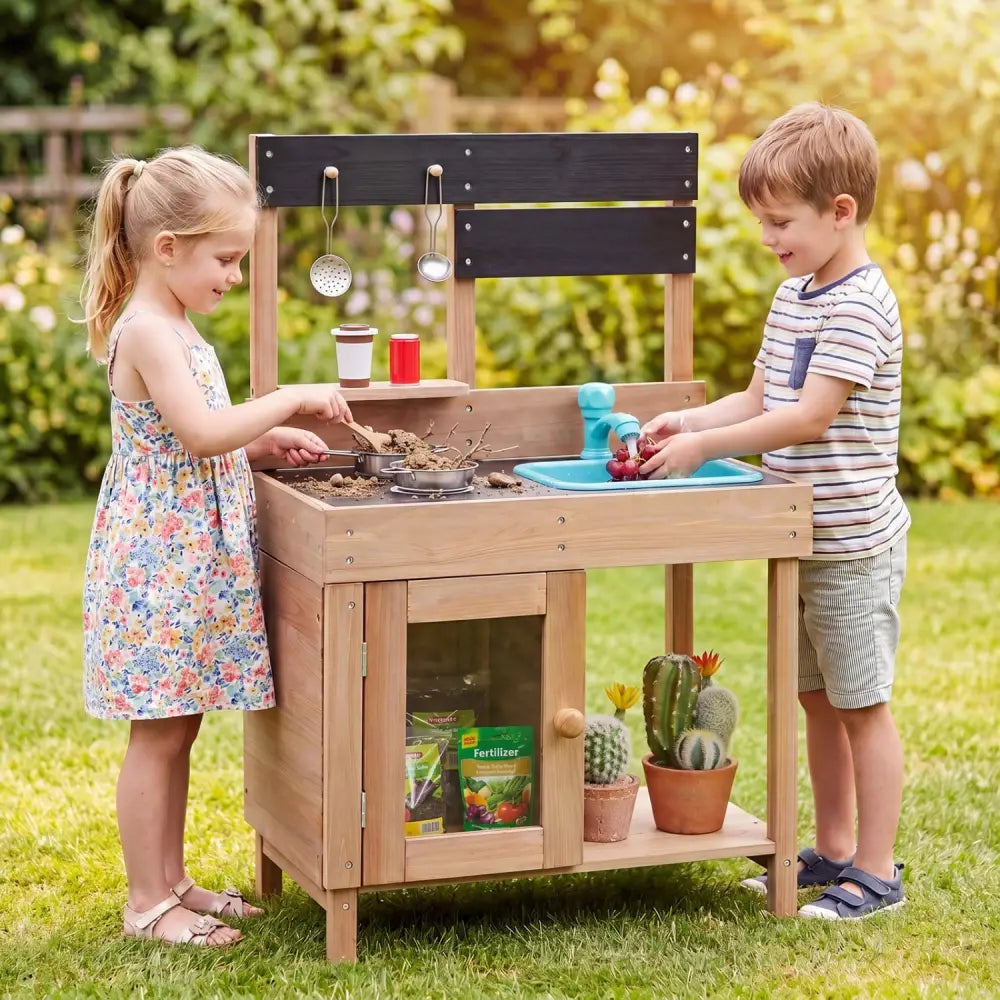 Wooden Play Pretend Kitchen with Stoves Storage Cabinet and Shelf - Play Kitchen Sets