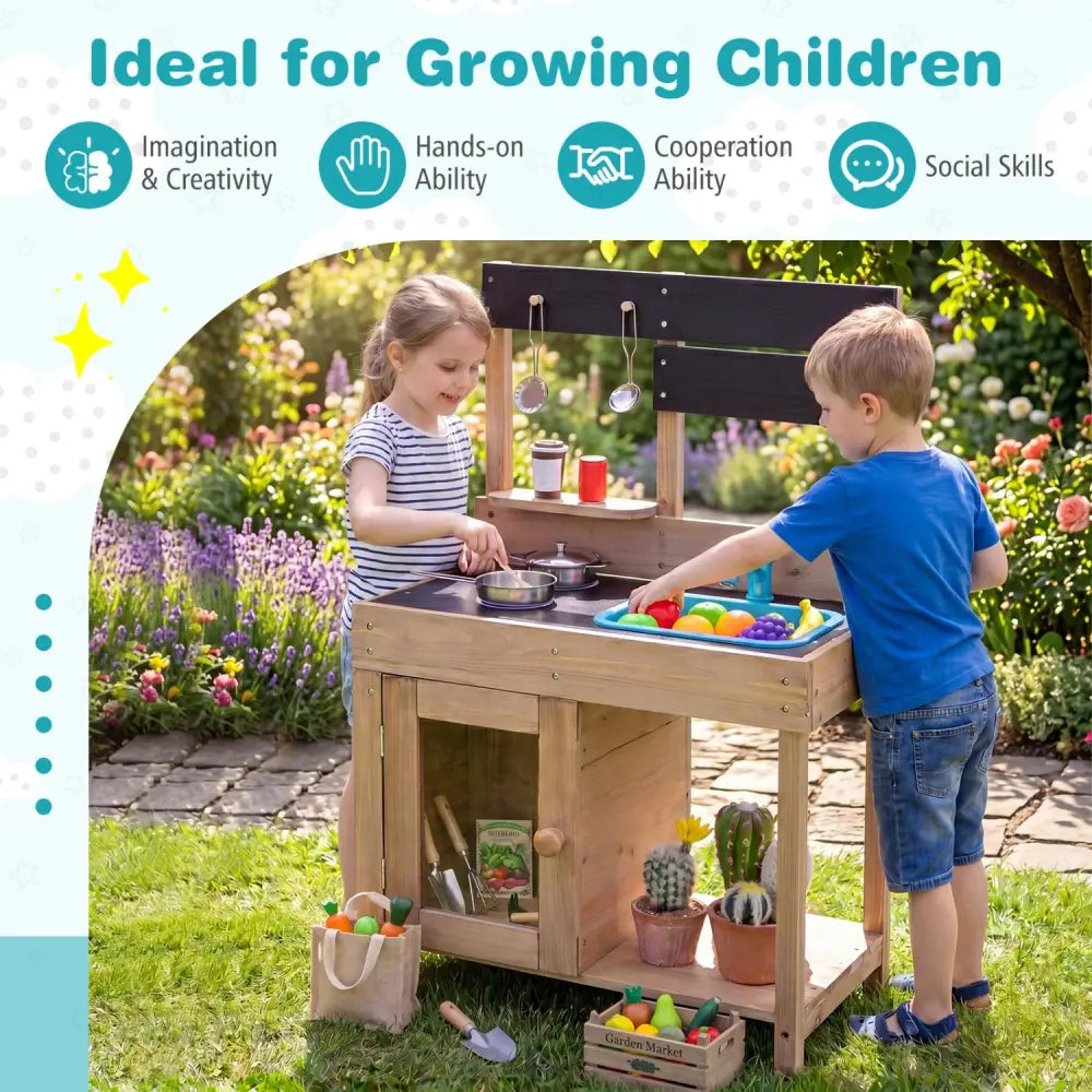 Wooden Play Pretend Kitchen with Stoves Storage Cabinet and Shelf - Play Kitchen Sets