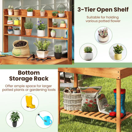 Wooden Potting Bench Table 61’’ Garden Planting Workstation with 3-Tier Open Shelf-Brown - Brown - Potting Benches &