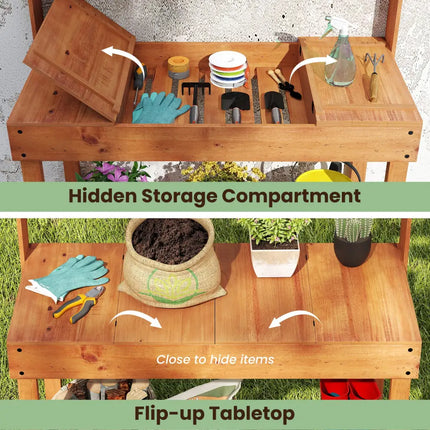 Wooden Potting Bench Table 61’’ Garden Planting Workstation with 3-Tier Open Shelf-Brown - Brown - Potting Benches &