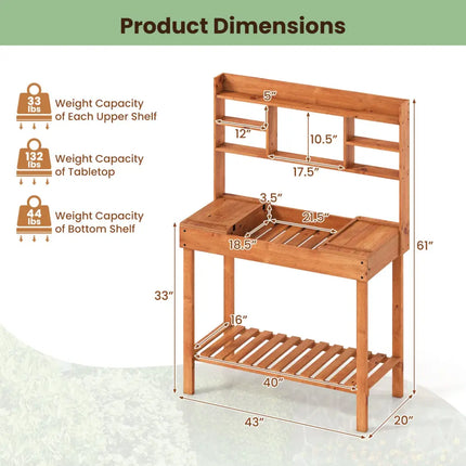 Wooden Potting Bench Table 61’’ Garden Planting Workstation with 3-Tier Open Shelf-Brown - Brown - Potting Benches &