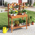Wooden Potting Bench Table 61’’ Garden Planting Workstation with 3-Tier Open Shelf-Brown - Brown - Potting Benches &