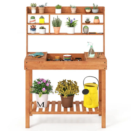 Wooden Potting Bench Table 61’’ Garden Planting Workstation with 3-Tier Open Shelf-Brown - Brown - Potting Benches &