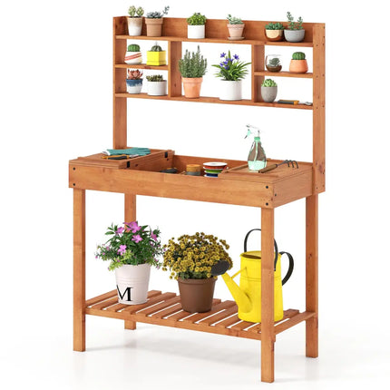 Wooden Potting Bench Table 61’’ Garden Planting Workstation with 3-Tier Open Shelf-Brown - Brown - Potting Benches &