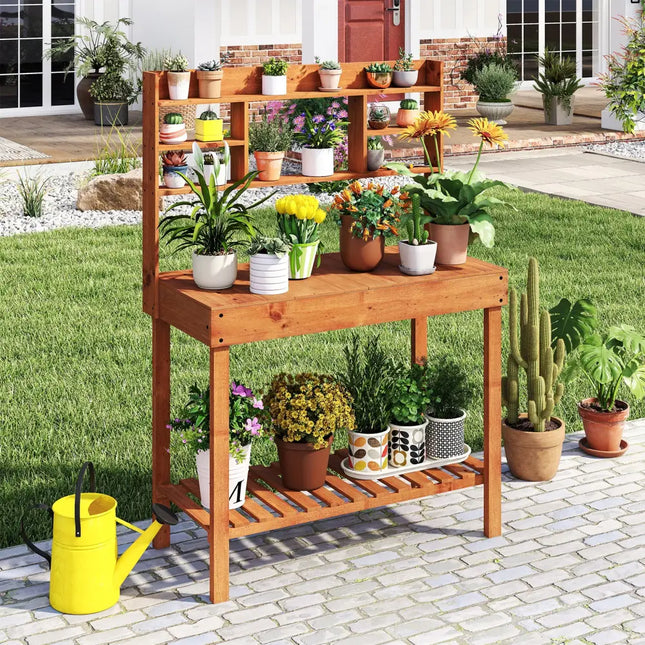 Wooden Potting Bench Table 61’’ Garden Planting Workstation with 3-Tier Open Shelf-Brown - Brown - Potting Benches &