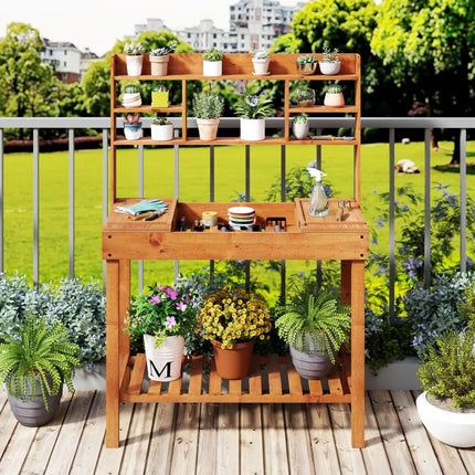 Wooden Potting Bench Table 61’’ Garden Planting Workstation with 3-Tier Open Shelf-Brown - Brown - Potting Benches &