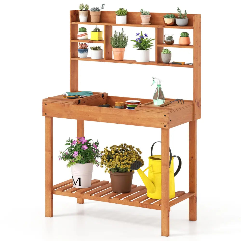 Wooden Potting Bench Table 61’’ Garden Planting Workstation with 3-Tier Open Shelf-Brown - Brown - Potting Benches &
