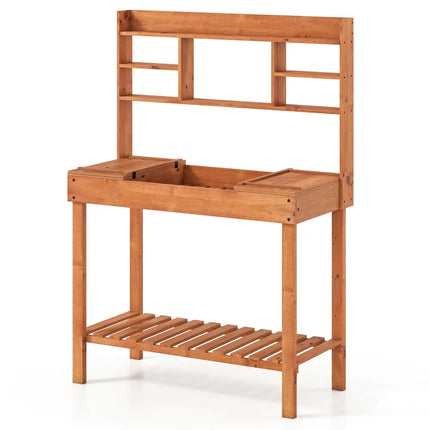 Wooden Potting Bench Table 61’’ Garden Planting Workstation with 3-Tier Open Shelf-Brown - Brown - Potting Benches &