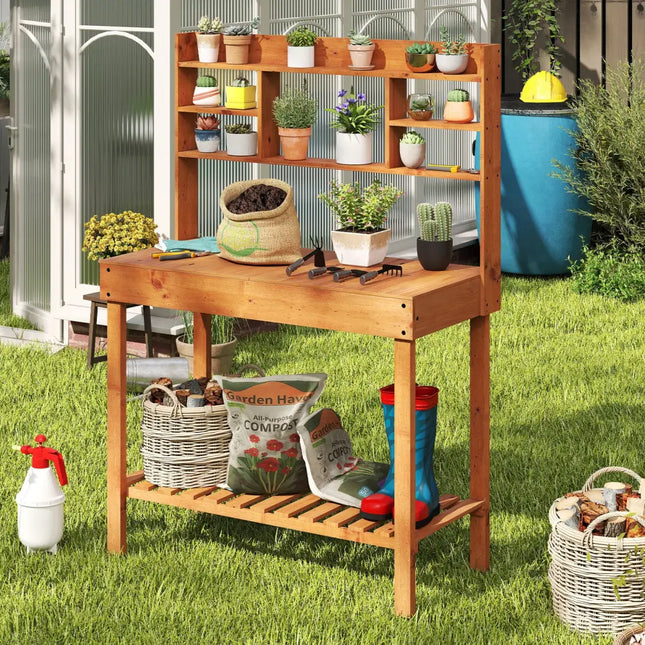 Wooden Potting Bench Table 61’’ Garden Planting Workstation with 3-Tier Open Shelf-Brown - Brown - Potting Benches &