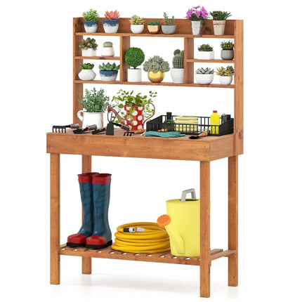 Wooden Potting Bench Table Garden Planting Workstation with 3-Tier Open Shelf-Brown - Brown - Potting Benches & Tables