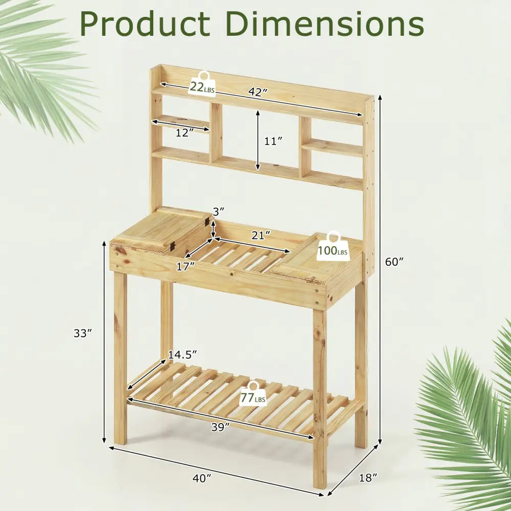 Wooden Potting Bench Table Garden Planting Workstation with 3-Tier Open Shelf-Natural - Natural - Potting Benches &