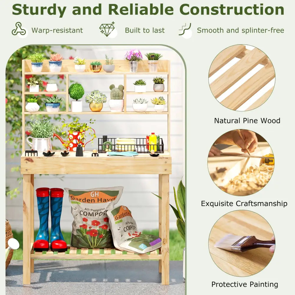 Wooden Potting Bench Table Garden Planting Workstation with 3-Tier Open Shelf-Natural - Natural - Potting Benches &