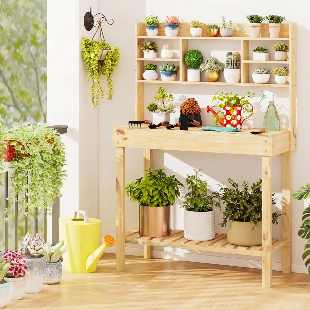 Wooden Potting Bench Table Garden Planting Workstation with 3-Tier Open Shelf-Natural - Natural - Potting Benches &
