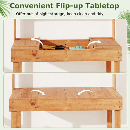 Wooden Potting Bench Table Garden Planting Workstation with 3-Tier Open Shelf-Brown - Brown - Potting Benches & Tables