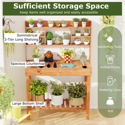 Wooden Potting Bench Table Garden Planting Workstation with 3-Tier Open Shelf-Brown - Brown - Potting Benches & Tables