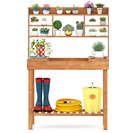 Wooden Potting Bench Table Garden Planting Workstation with 3-Tier Open Shelf-Brown - Brown - Potting Benches & Tables