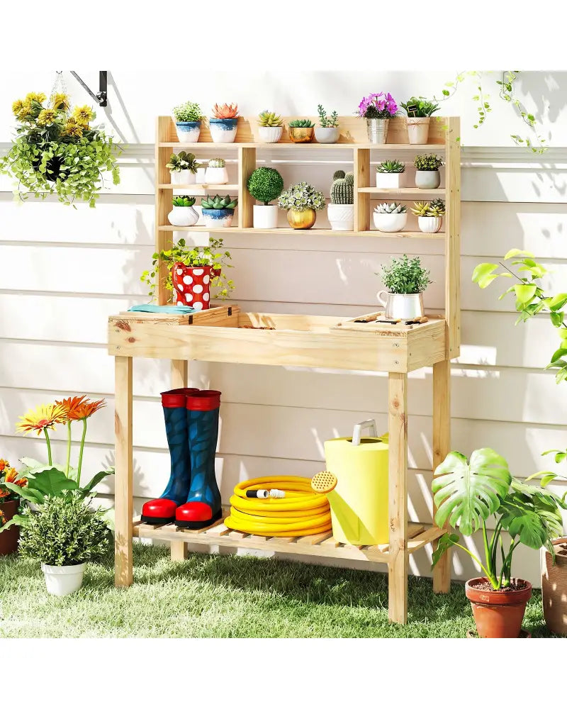 Wooden Potting Bench Table Garden Planting Workstation with 3-Tier Open Shelf-Natural - Natural - Potting Benches &