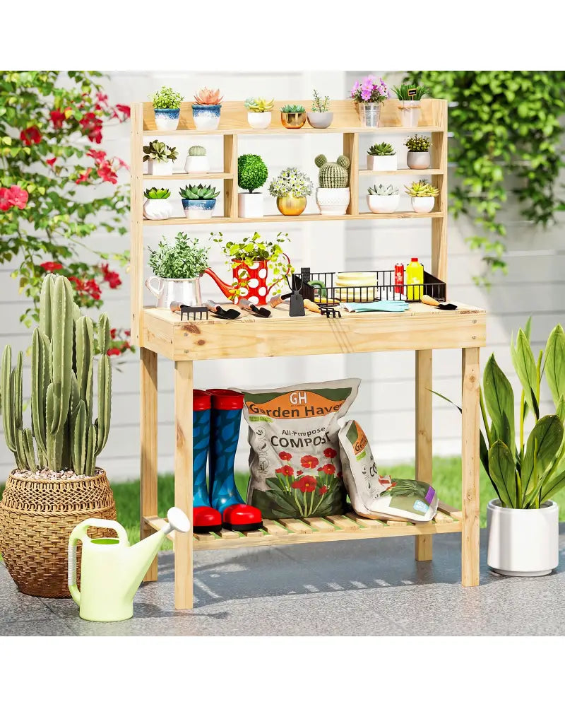 Wooden Potting Bench Table Garden Planting Workstation with 3-Tier Open Shelf-Natural - Natural - Potting Benches &