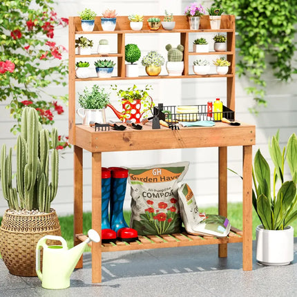 Wooden Potting Bench Table Garden Planting Workstation with 3-Tier Open Shelf-Brown - Brown - Potting Benches & Tables