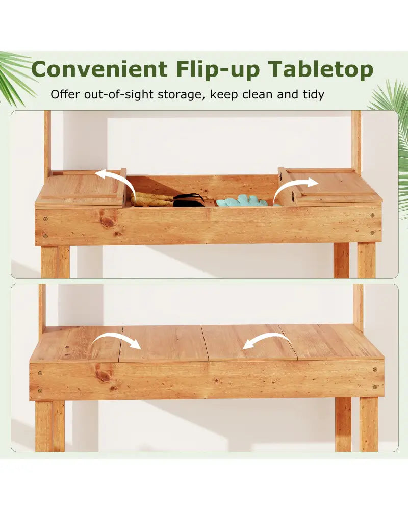 Wooden Potting Bench Table Garden Planting Workstation with 3-Tier Open Shelf-Brown - Brown - Potting Benches & Tables
