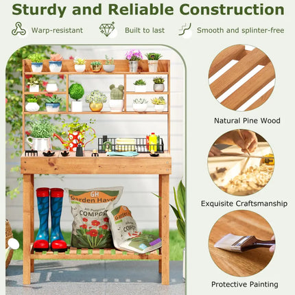 Wooden Potting Bench Table Garden Planting Workstation with 3-Tier Open Shelf-Brown - Brown - Potting Benches & Tables