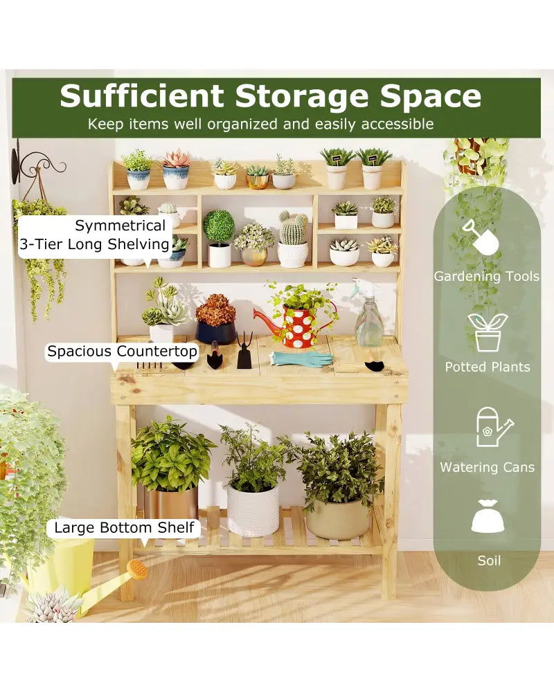 Wooden Potting Bench Table Garden Planting Workstation with 3-Tier Open Shelf-Natural - Natural - Potting Benches &