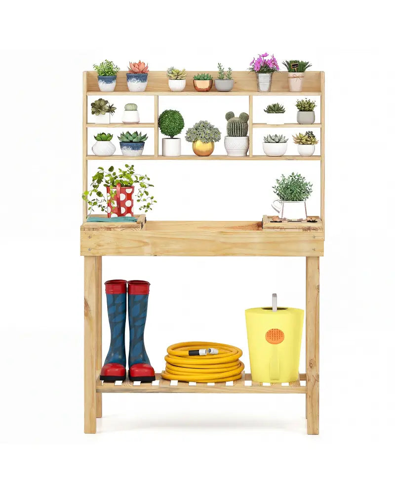 Wooden Potting Bench Table Garden Planting Workstation with 3-Tier Open Shelf-Natural - Natural - Potting Benches &