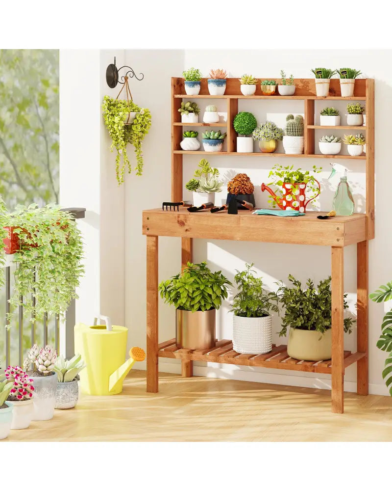 Wooden Potting Bench Table Garden Planting Workstation with 3-Tier Open Shelf-Brown - Brown - Potting Benches & Tables