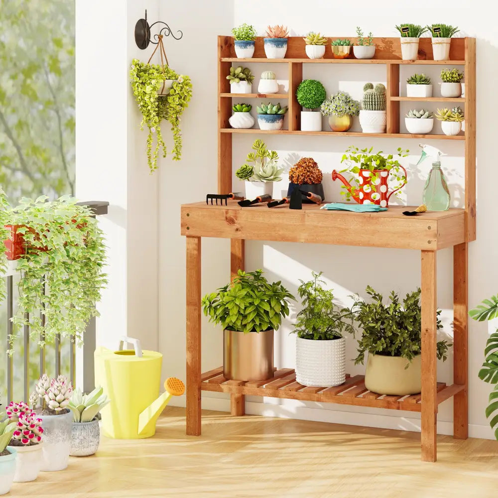 Wooden Potting Bench Table Garden Planting Workstation with 3-Tier Open Shelf-Brown - Brown - Potting Benches & Tables